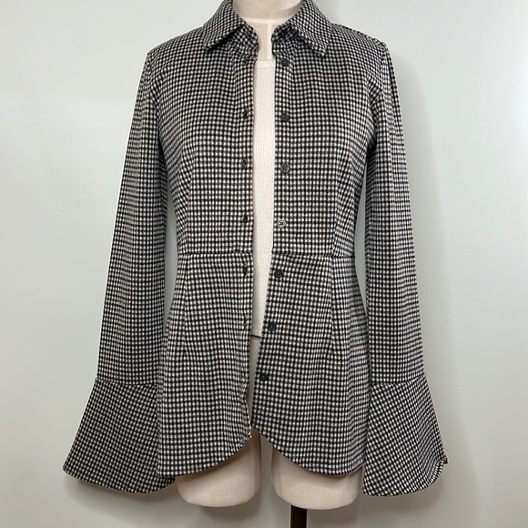 Simons Icone Long sleeve shirt jacket flared sleeves brown plaid Womens Medium - Picture 2 of 11